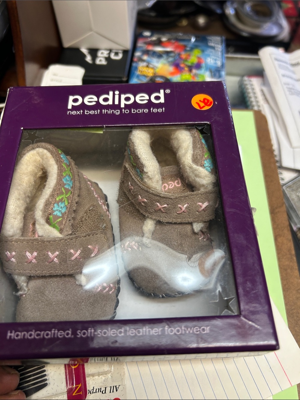 pediped Brown Suede Baby Shoes with Pink & Green Embroidery
